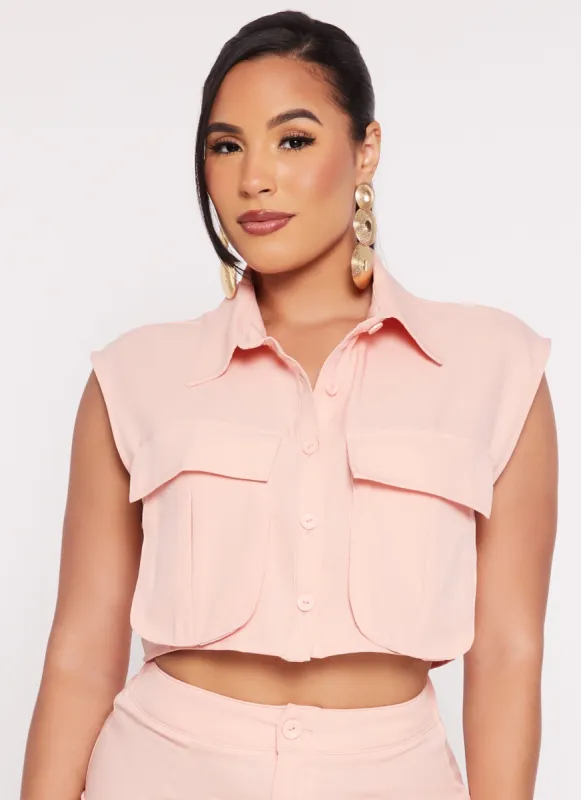 Sleeveless Crepe Knit Cargo Pocket Button Front Shirt sold by Rainbow