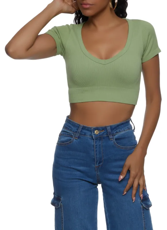 Seamless Ribbed V Neck Crop Top sold by Rainbow