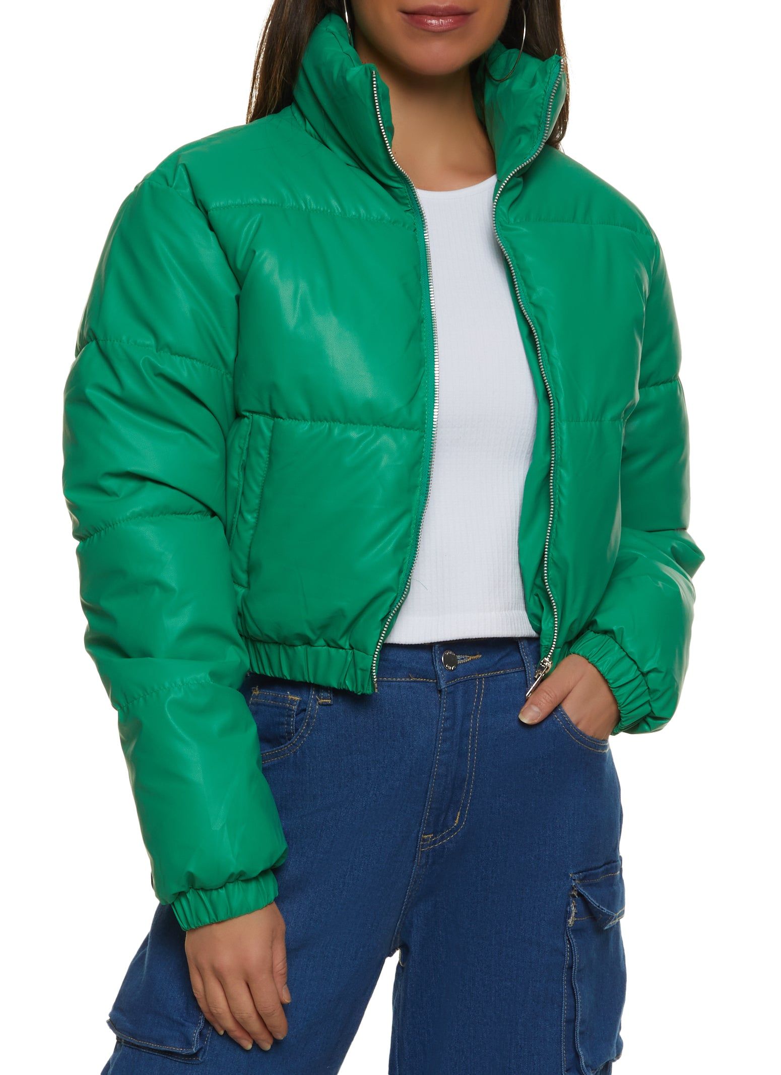 Faux Leather Zip Front Cropped Puffer Jacket sold by Rainbow