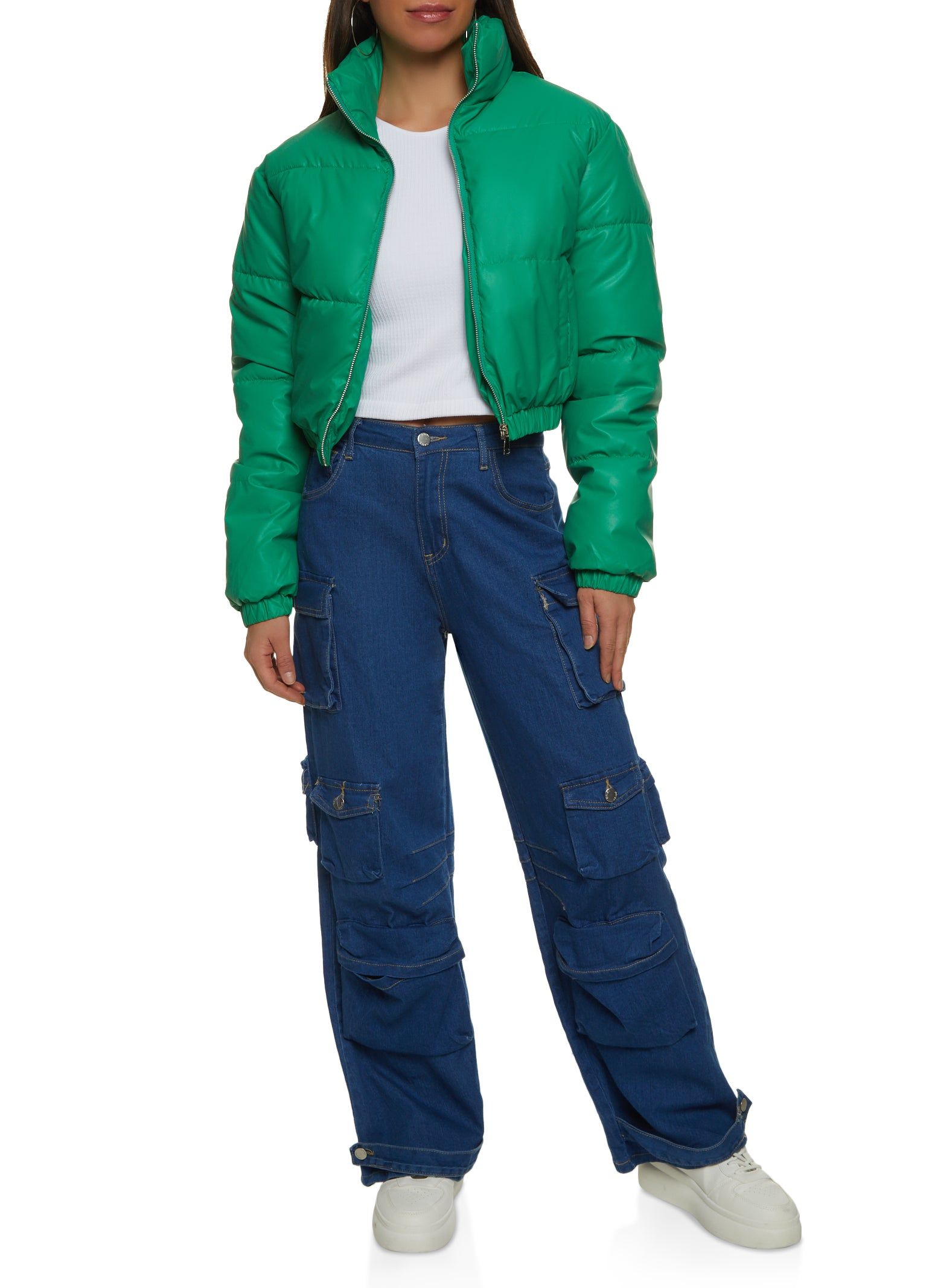 Faux Leather Zip Front Cropped Puffer Jacket sold by Rainbow product image thumbnail 2