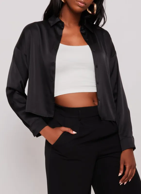 Satin Button Front Cropped Blouse sold by Rainbow