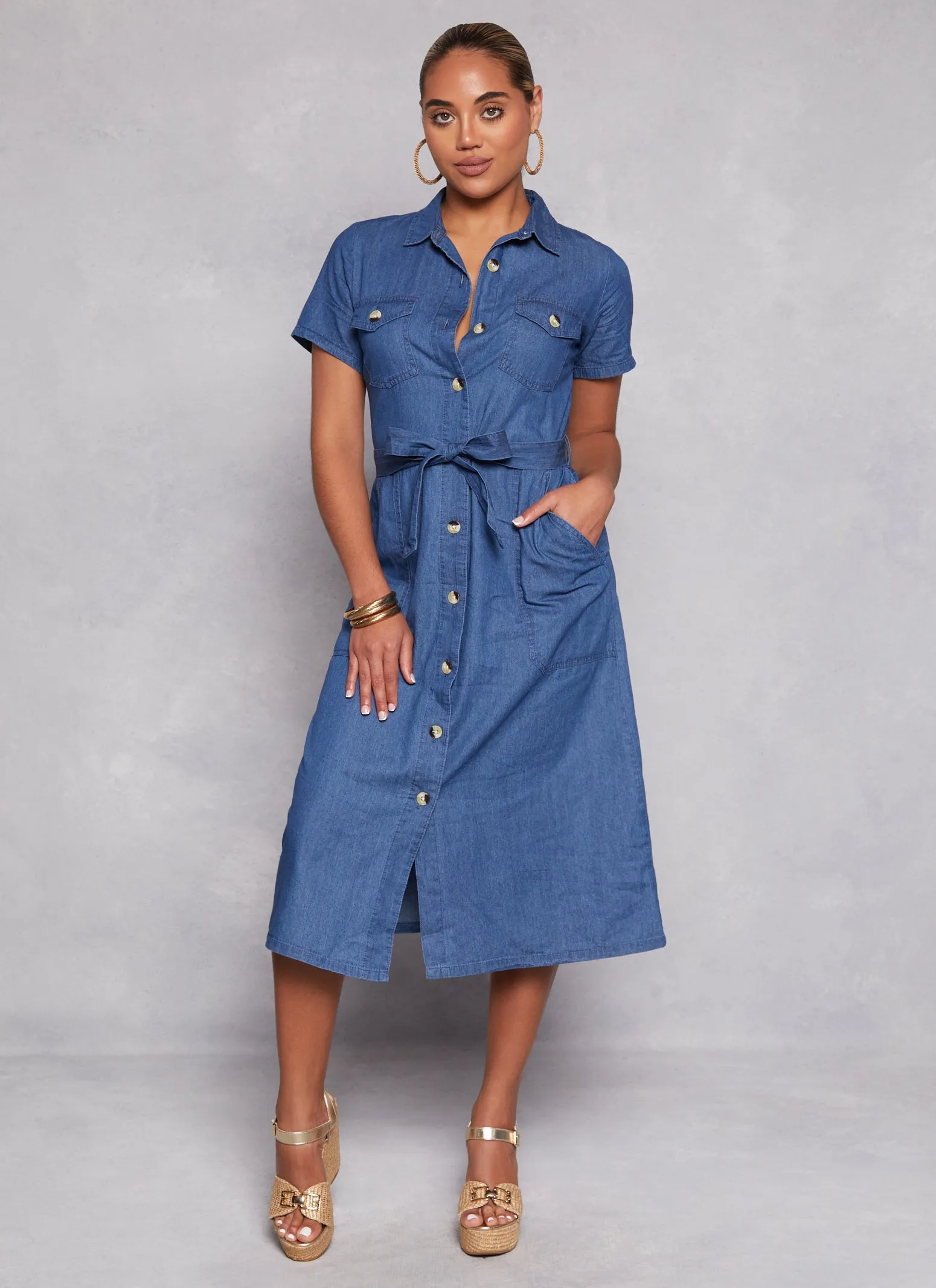Denim Tie Waist Belted Shirt Dress sold by Rainbow