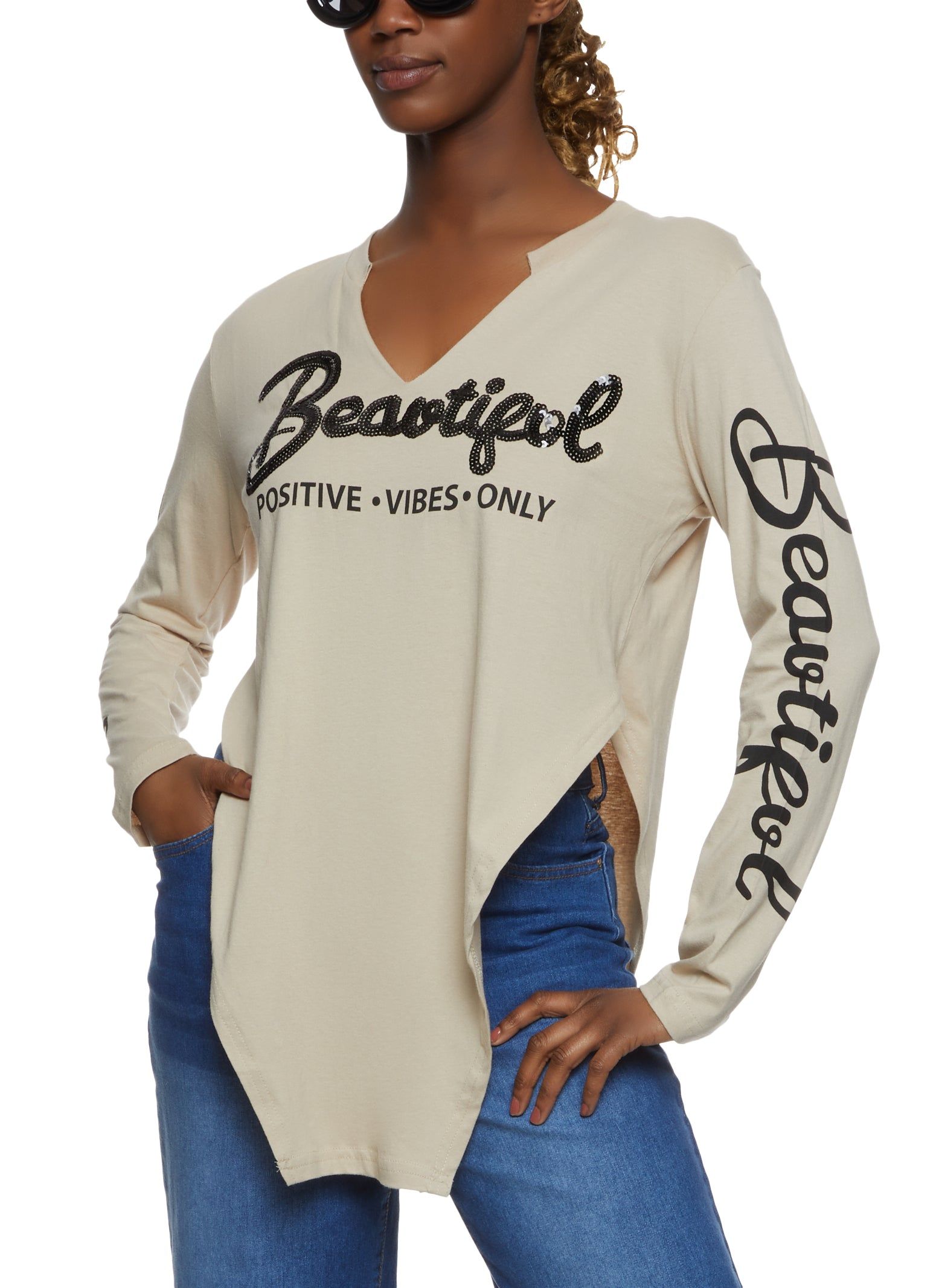 Beautiful Sequin Positive Vibes Only Long Sleeve Tee sold by Rainbow