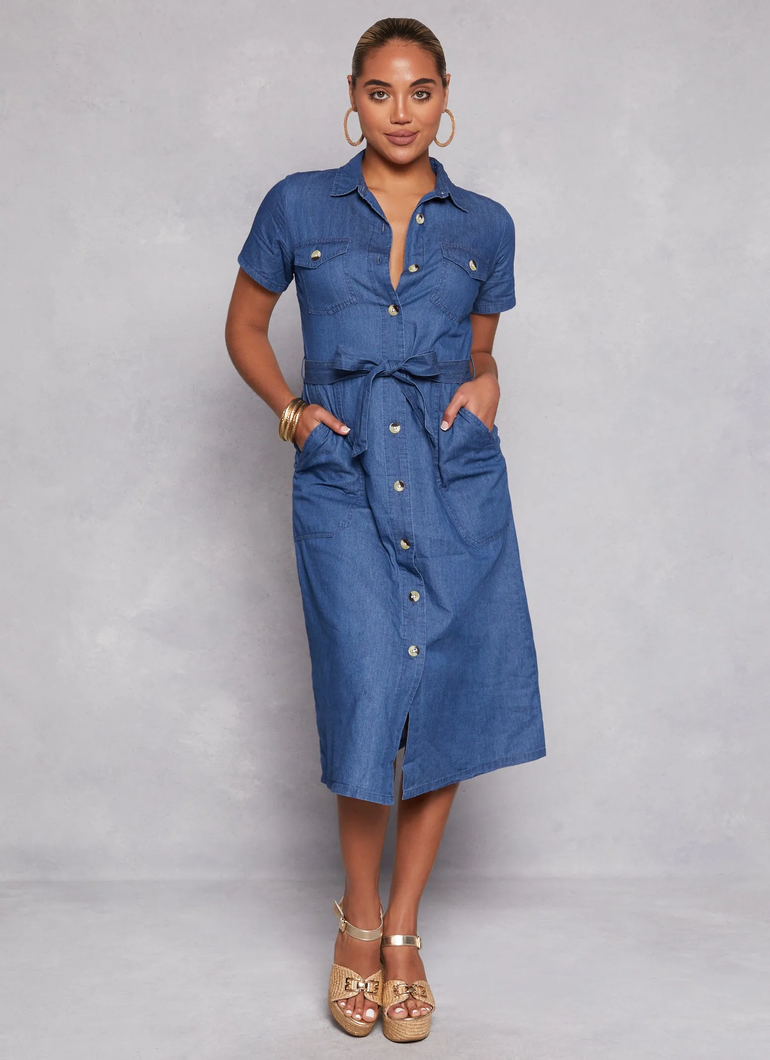 Denim Tie Waist Belted Shirt Dress sold by Rainbow product image thumbnail 2