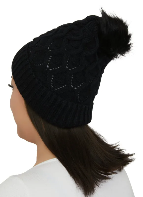 Textured Knit Faux Fur Lined Pom Pom Beanie sold by Rainbow