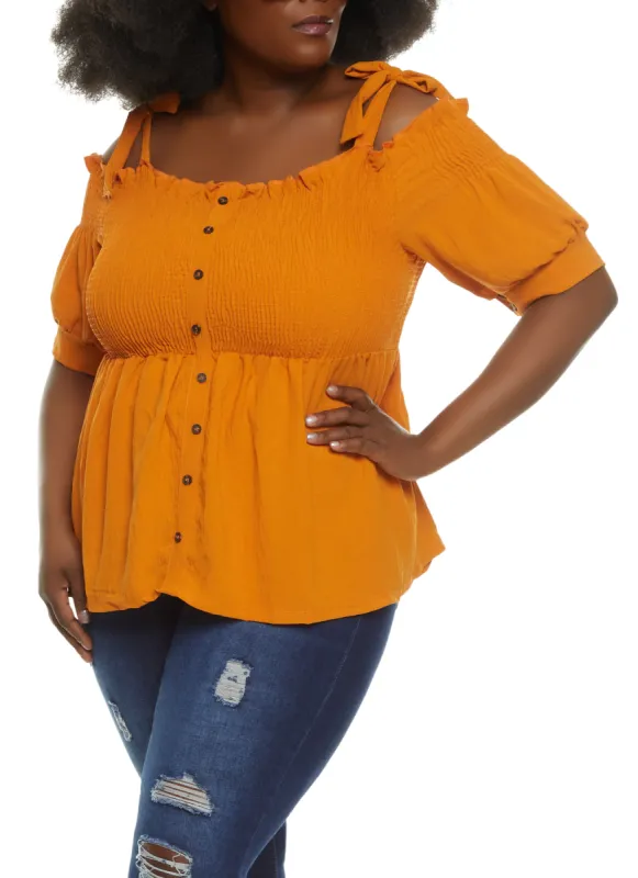 Plus Size Smocked Button Front Cold Shoulder Top sold by Rainbow