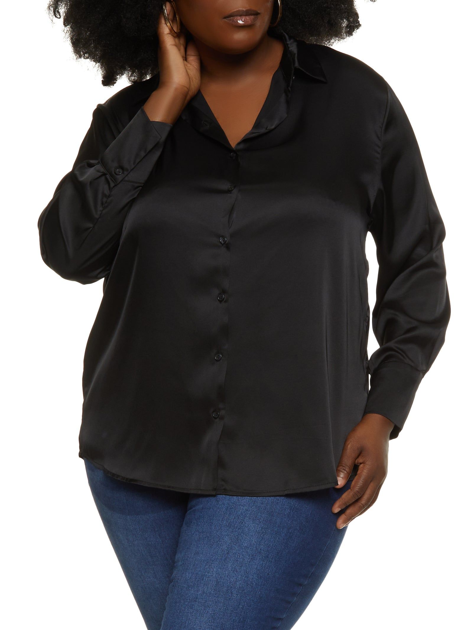 Plus Size Satin Solid Button Down Shirt sold by Rainbow
