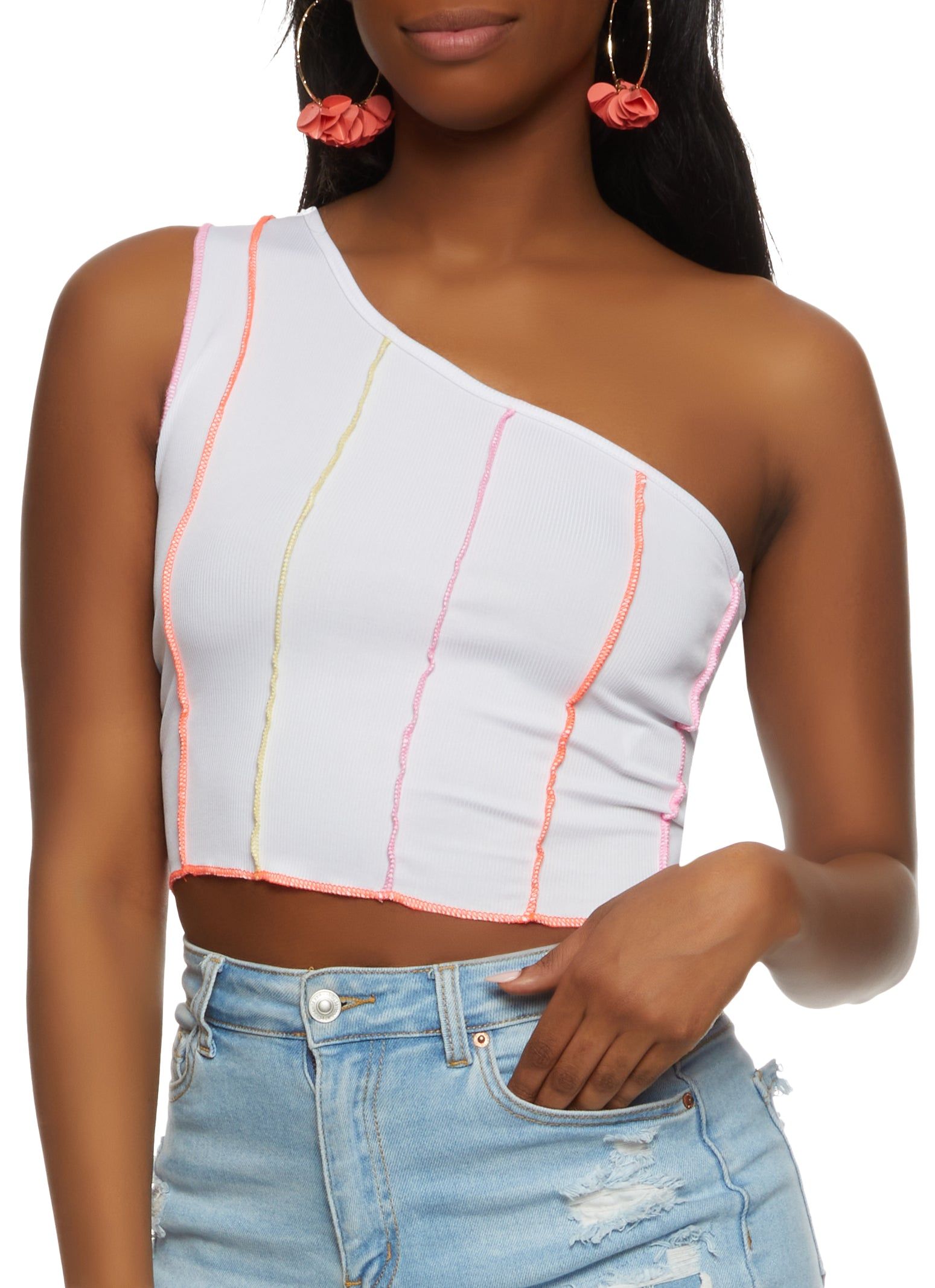 Contrast Stitch One Shoulder Crop Top sold by Rainbow product image thumbnail 3