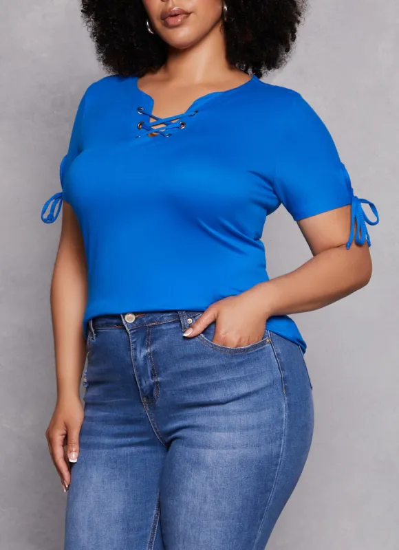 Plus Size Lace Up Notch Neck Tie Sleeve Tee sold by Rainbow