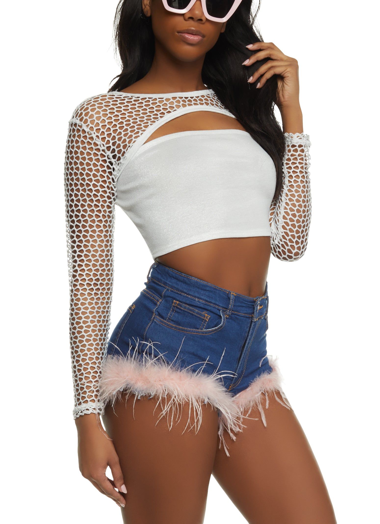 Lurex Fishnet Long Sleeve Crop Top and Tube Top sold by Rainbow