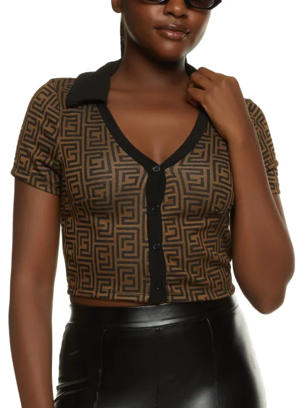 Geometric Print Button Front Crop Top sold by Rainbow