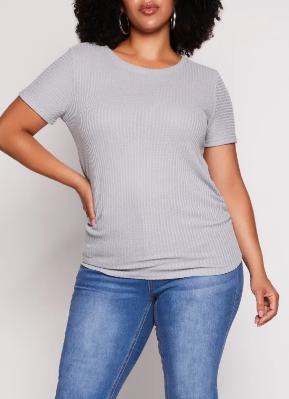 Plus Size Waffle Knit Crew Neck Ruched Tee sold by Rainbow