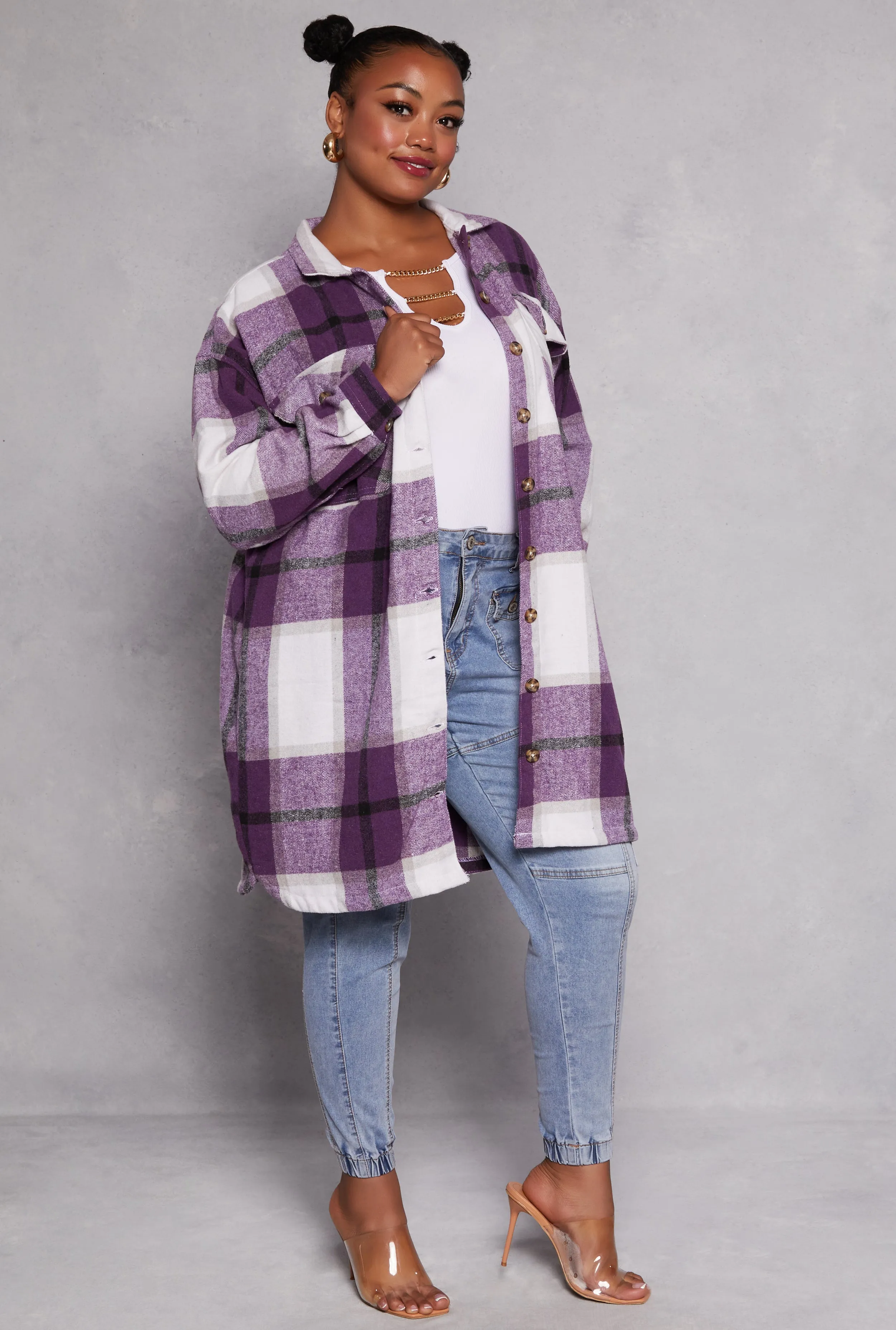 Plus Size Plaid Button Front Long Sleeve Shacket sold by Rainbow product image thumbnail 2