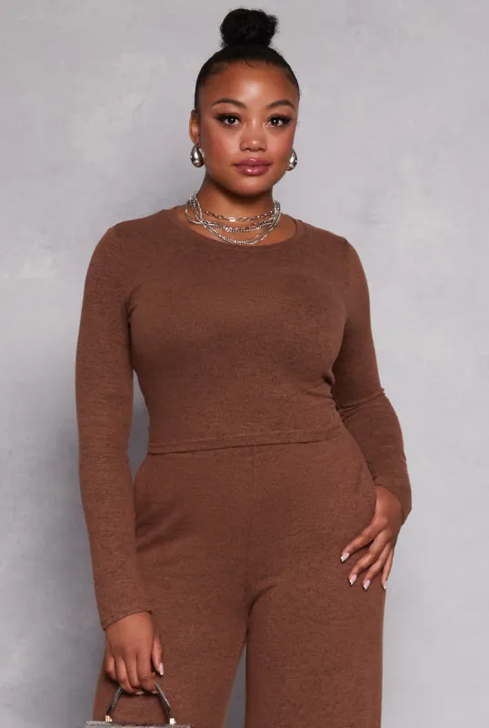 Plus Size Brushed Knit Long Sleeve Crop Top sold by Rainbow