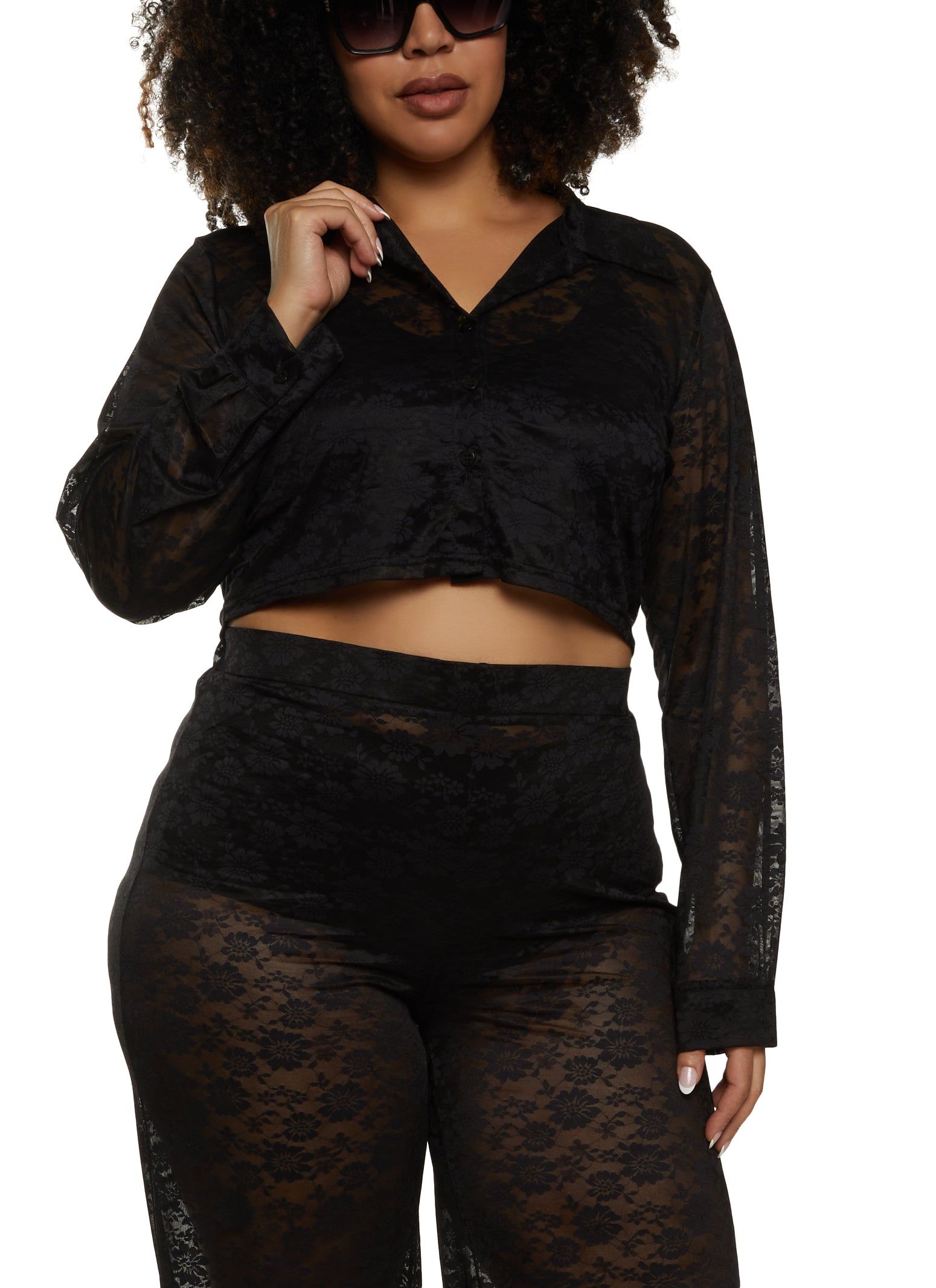 Plus Size Floral Lace Cropped Shirt sold by Rainbow