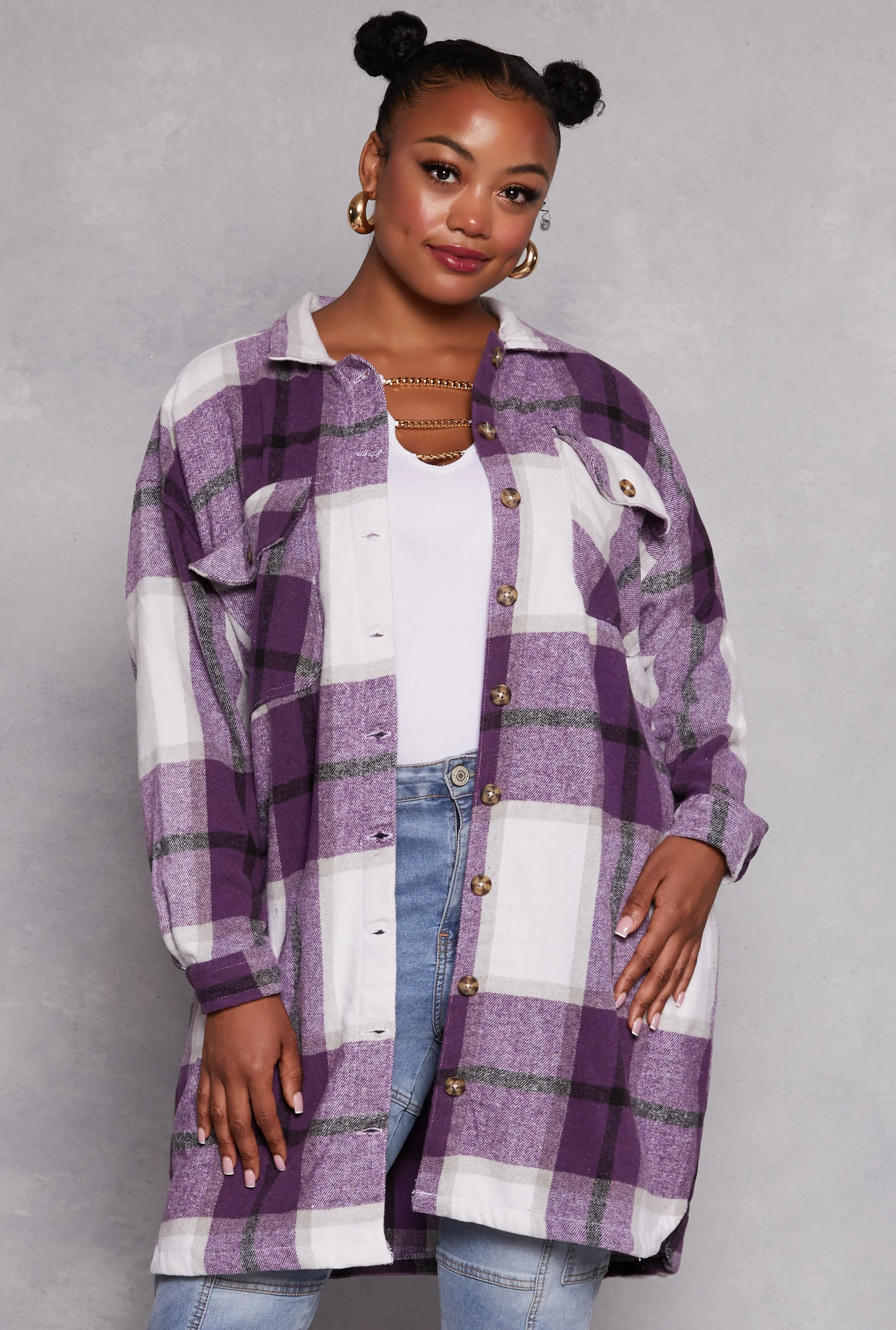 Plus Size Plaid Button Front Long Sleeve Shacket sold by Rainbow
