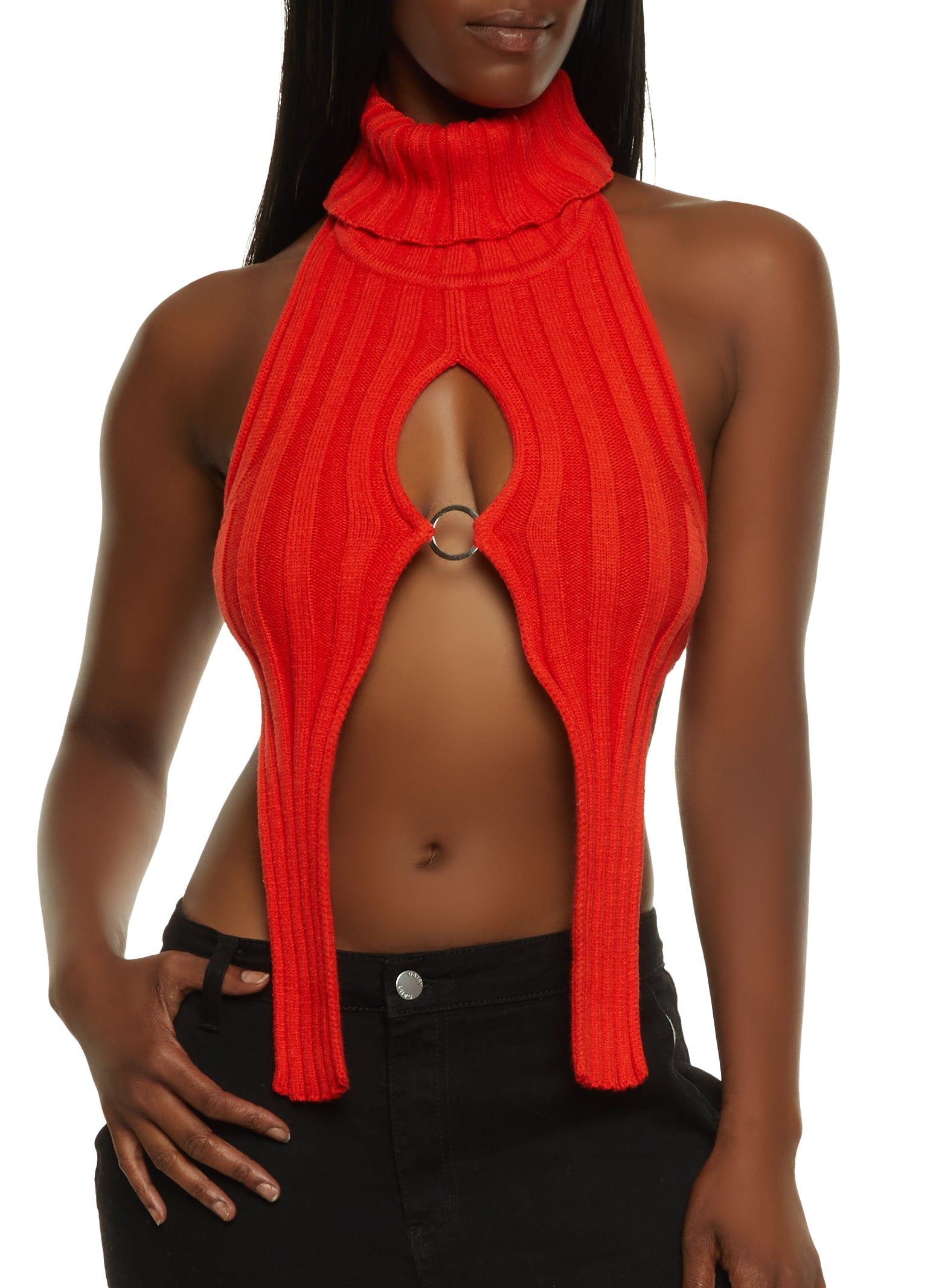 Rib Knit Turtleneck Keyhole Halter Top sold by Rainbow