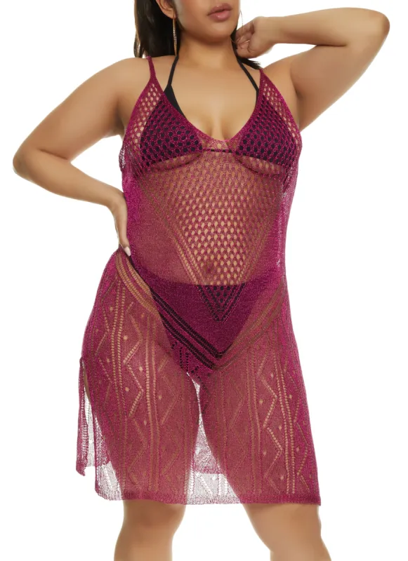 Plus Size Lurex Fishnet Detail Swim Cover Up Dress sold by Rainbow