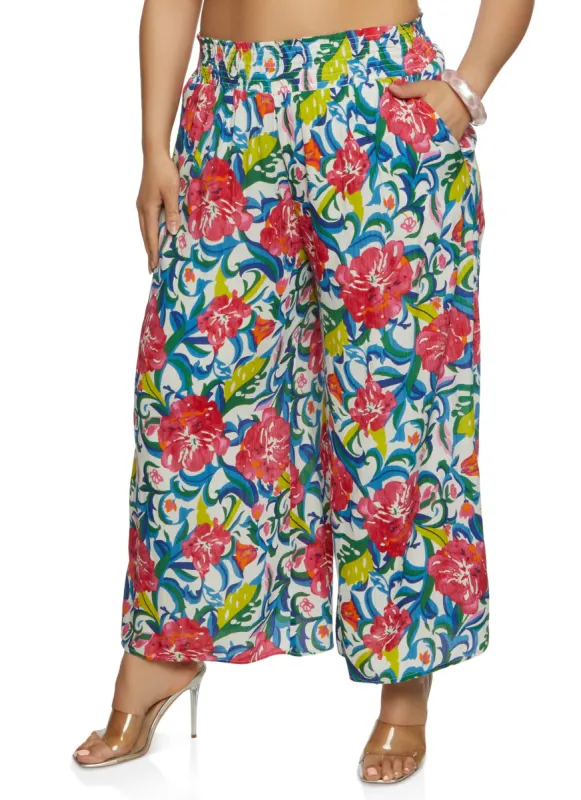 Plus Size Gauze Knit Floral Wide Leg Pants sold by Rainbow