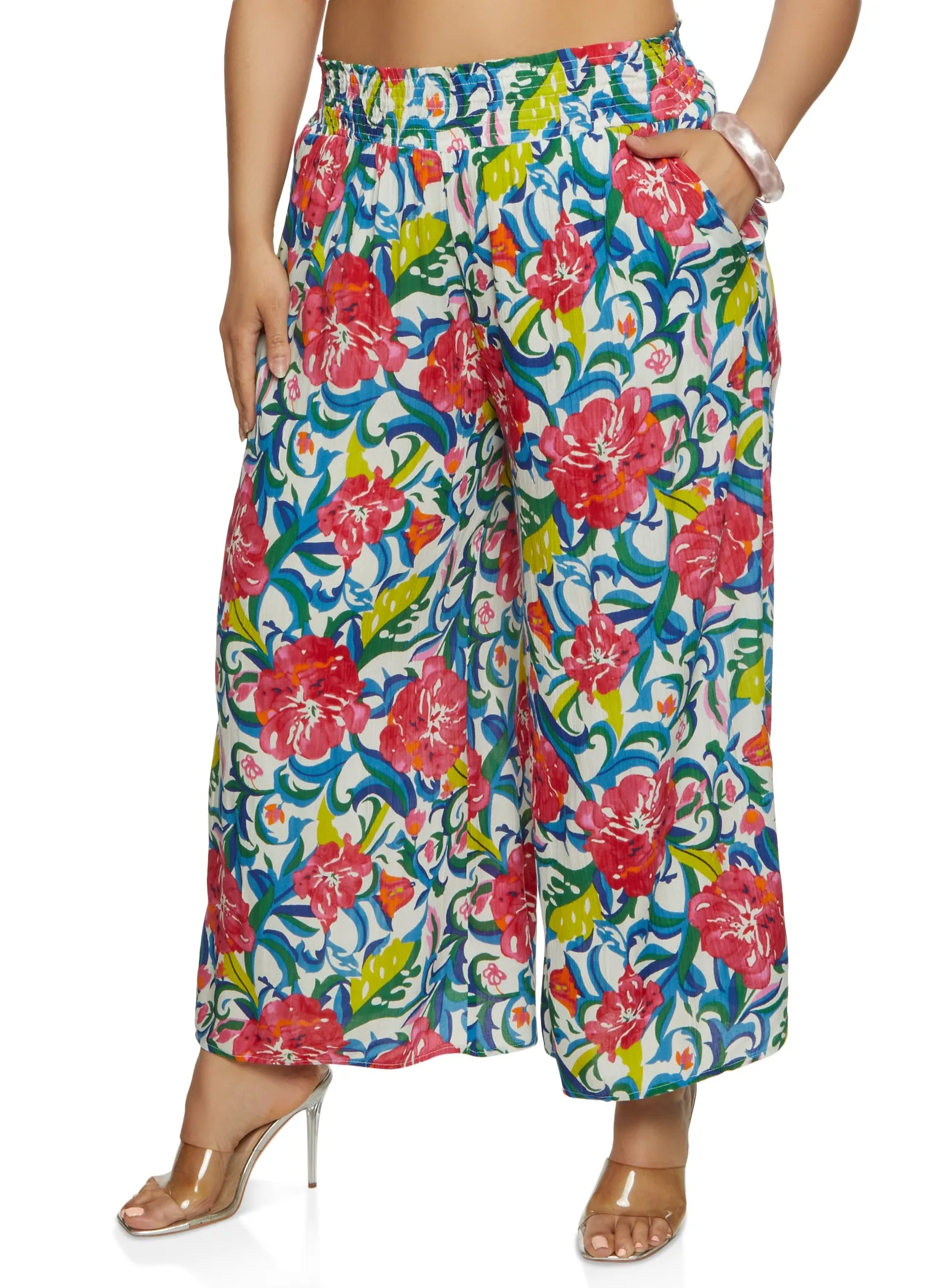 Plus Size Gauze Knit Floral Wide Leg Pants sold by Rainbow