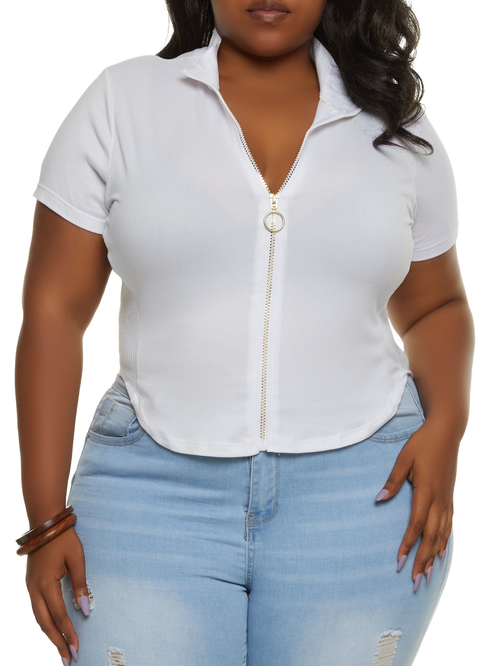Plus Size Zip Front Mock Neck Top sold by Rainbow