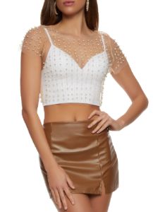 Mesh Faux Pearl Rhinestone Crop Top sold by Rainbow