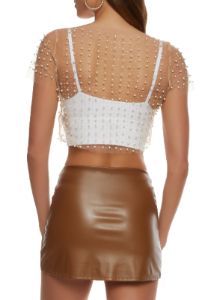 Mesh Faux Pearl Rhinestone Crop Top sold by Rainbow