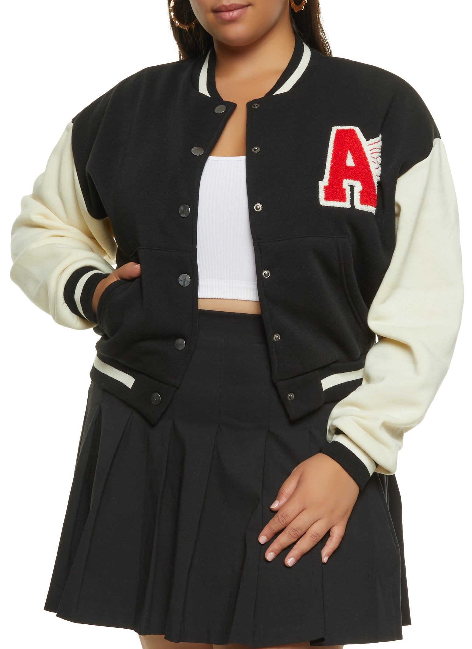 Plus Size A Initial Chenille Patch Varsity Jacket sold by Rainbow