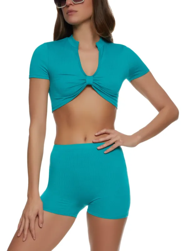 Ribbed Knot Front Crop Top and Shorts Set sold by Rainbow