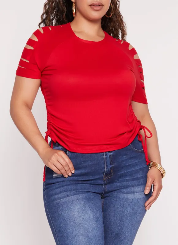 Plus Size Laser Cut Sleeve Ruched Sleeve T Shirt sold by Rainbow