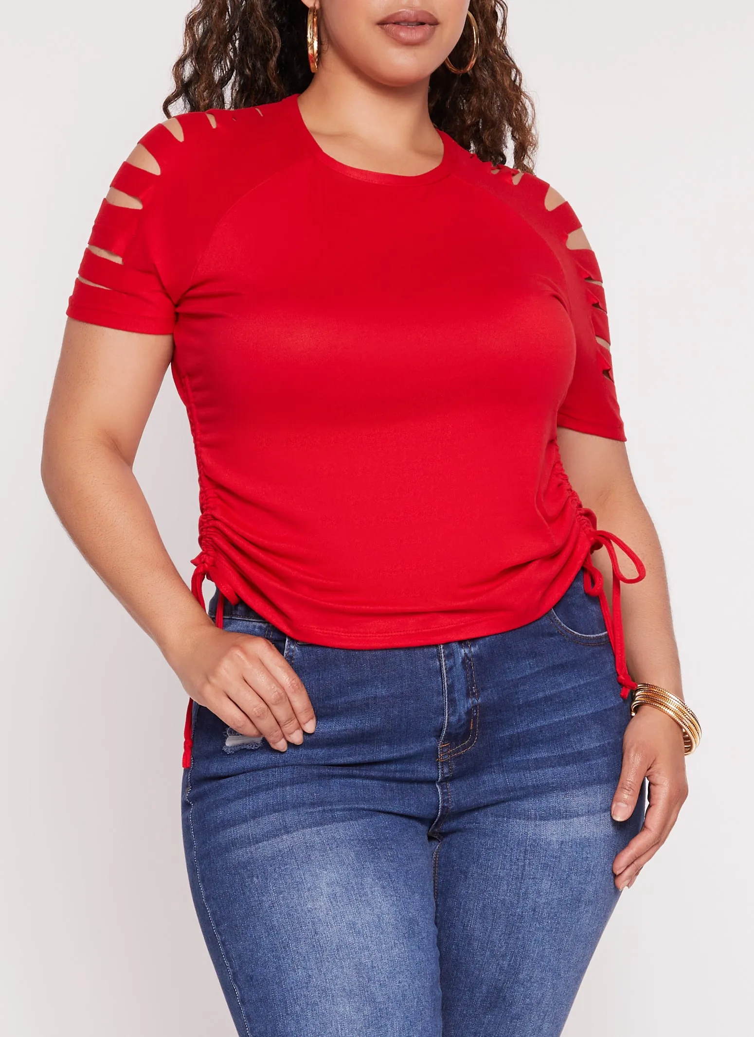 Plus Size Laser Cut Sleeve Ruched Sleeve T Shirt sold by Rainbow