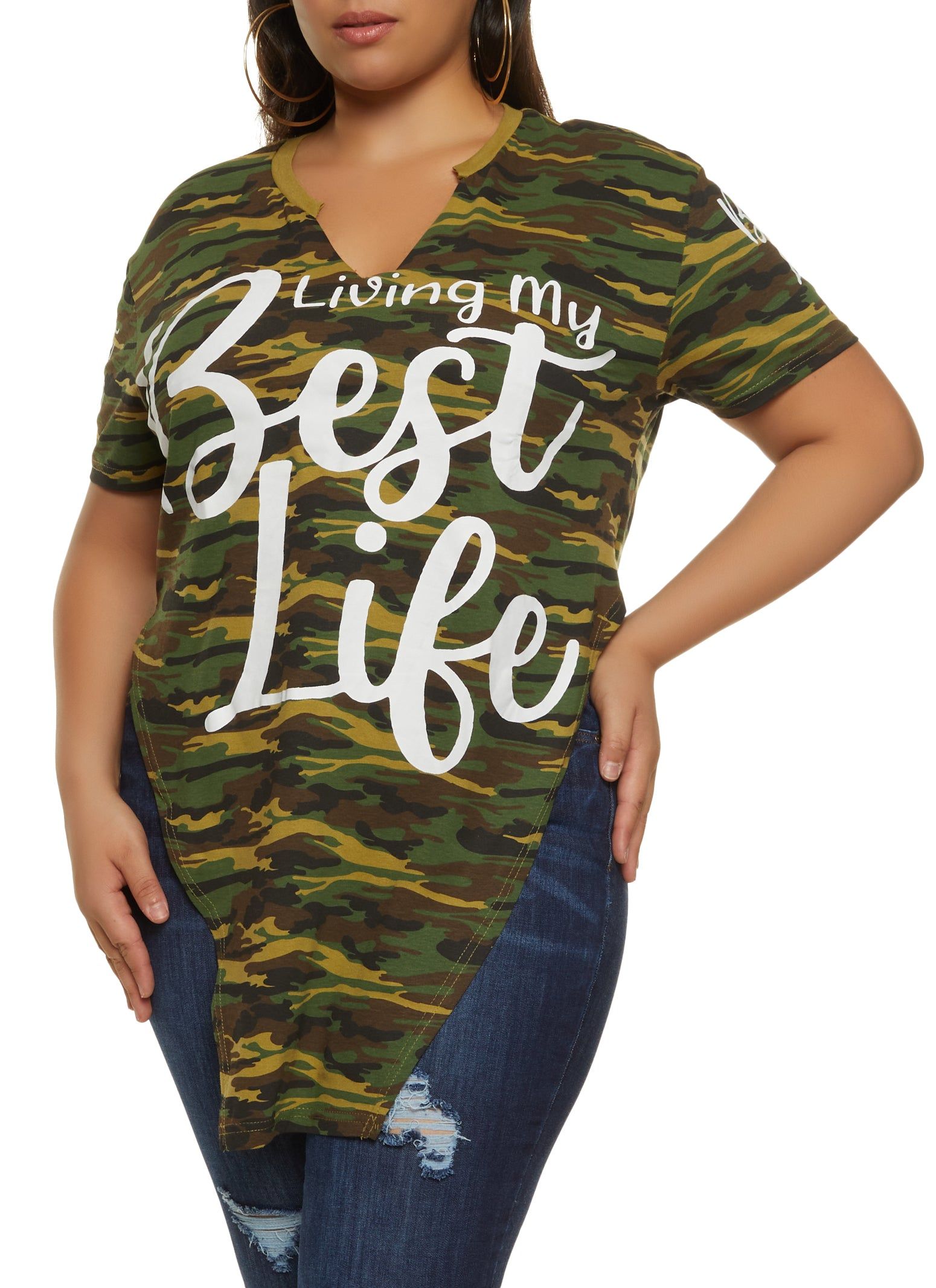 Plus Size Camo Living My Best Life Hanky Hem Graphic Tee sold by Rainbow