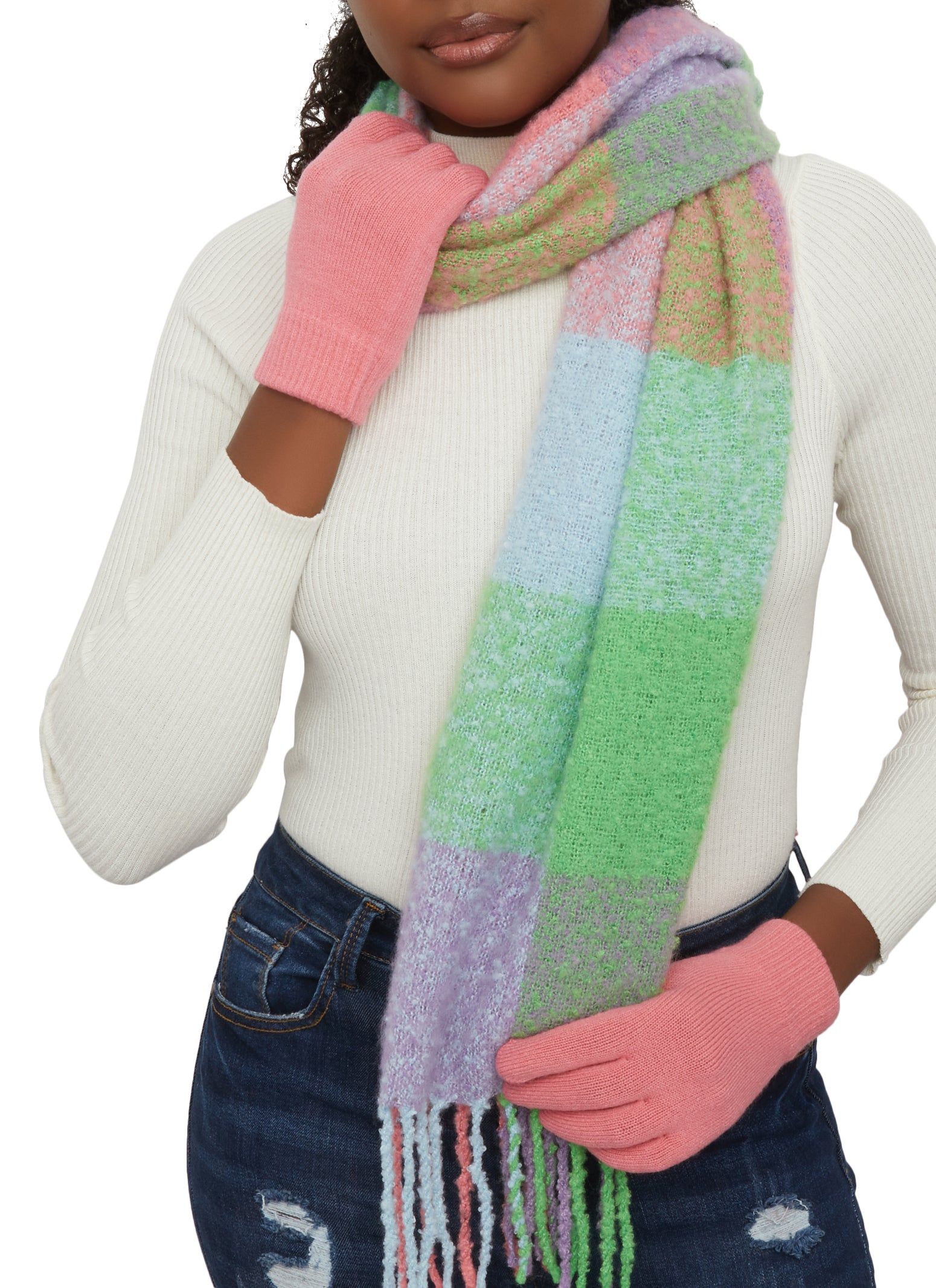 Rib Knit Pom Pom Beanie with Gloves and Plaid Scarf Set sold by Rainbow product image thumbnail 3