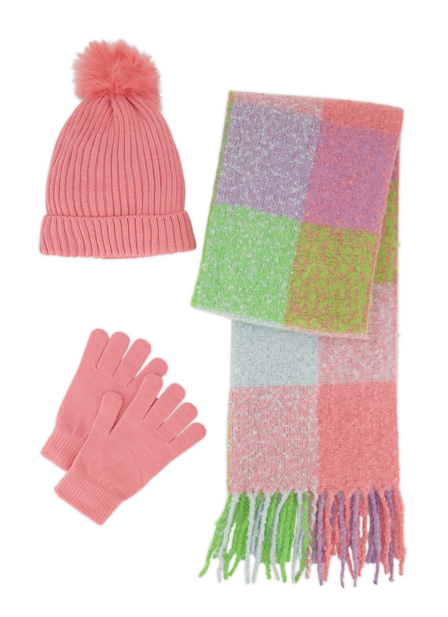 Rib Knit Pom Pom Beanie with Gloves and Plaid Scarf Set sold by Rainbow