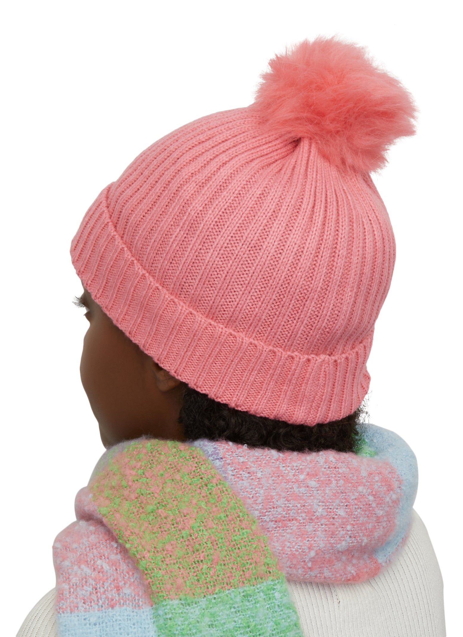 Rib Knit Pom Pom Beanie with Gloves and Plaid Scarf Set sold by Rainbow product image thumbnail 2