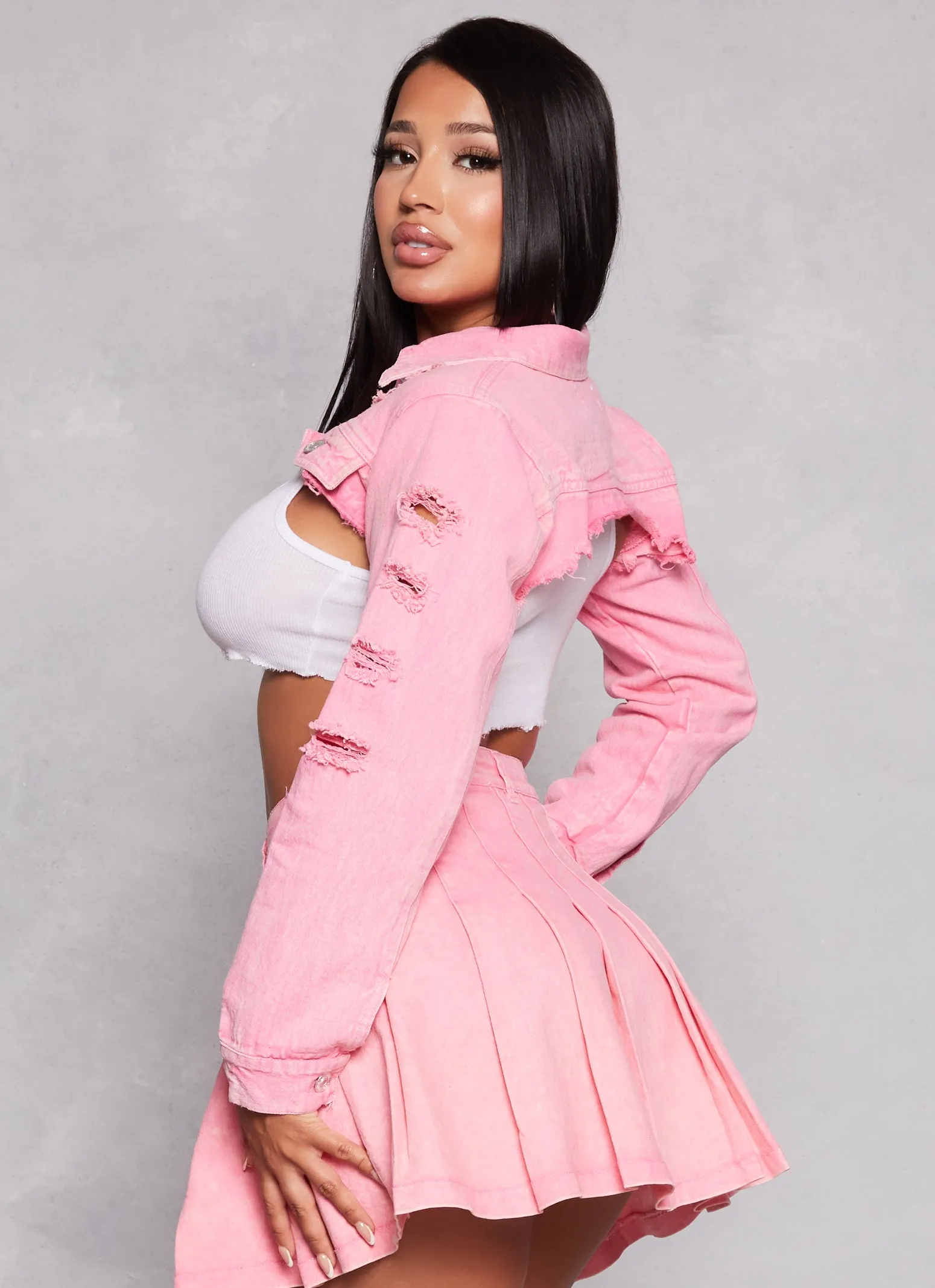 Distressed Frayed Hem Bolero Denim Jacket sold by Rainbow product image thumbnail 3