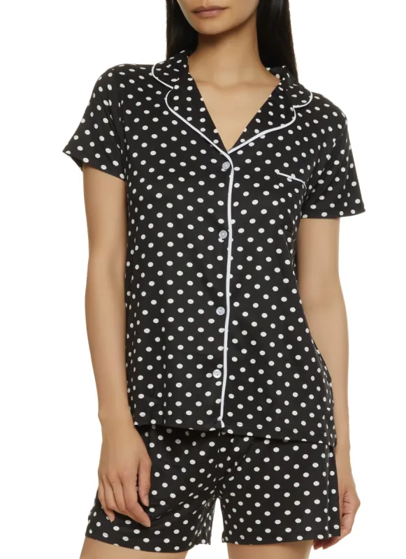 Polka Dot Print Notch Collar Pajama Shirt and Shorts sold by Rainbow