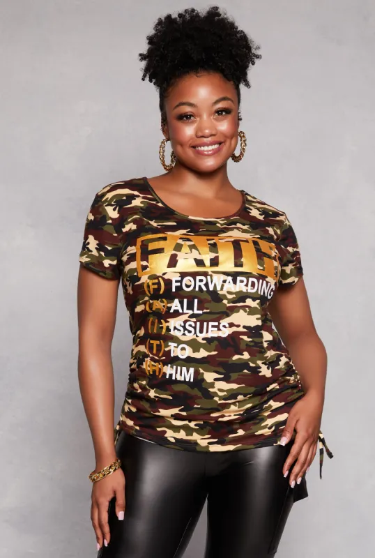 Plus Size Camo Faith Foil Screen Graphic Tee sold by Rainbow