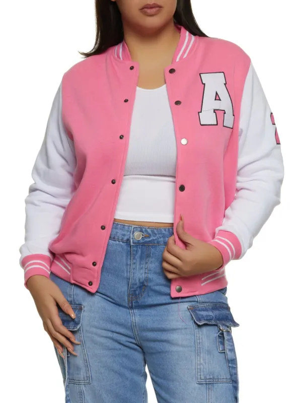Plus Size Fleece Graphic Patch Baseball Jacket sold by Rainbow