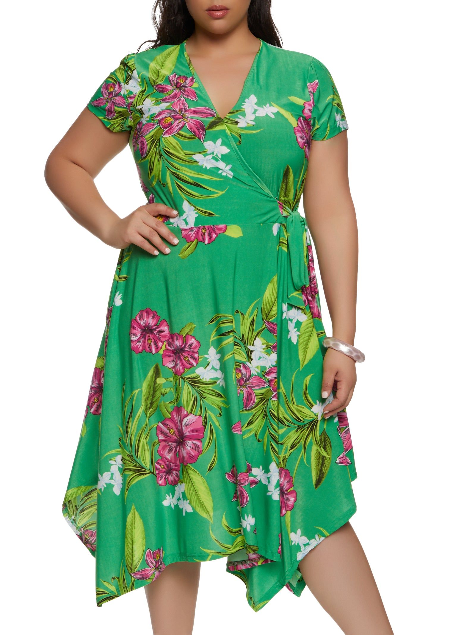 Plus Size Tropical Print Tie Waist Wrap Dress sold by Rainbow