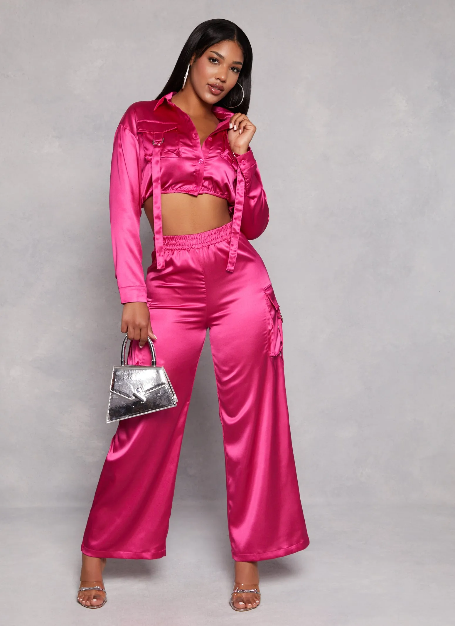 Satin Wide Leg Cargo Pocket Pants sold by Rainbow