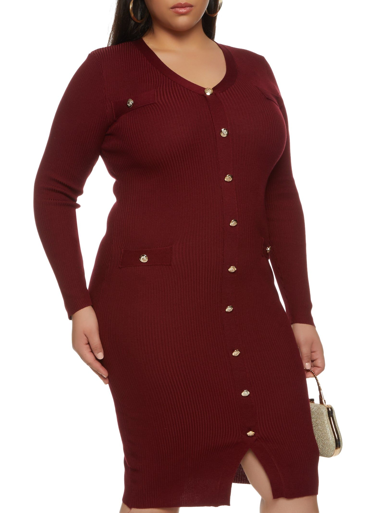Plus Size Faux Button Midi Sweater Dress sold by Rainbow