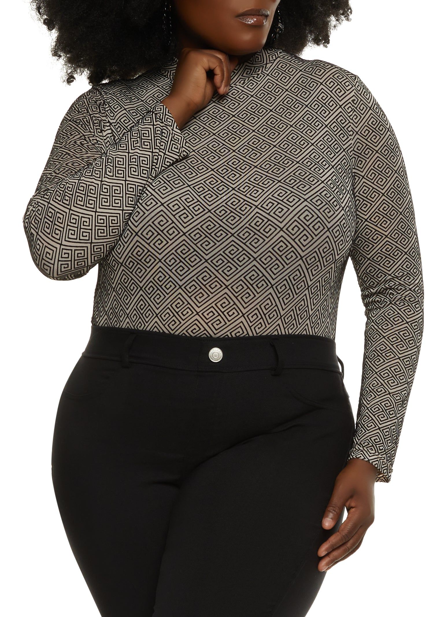 Plus Size Mesh Geometric Print Long Sleeve Bodysuit sold by Rainbow product image thumbnail 2