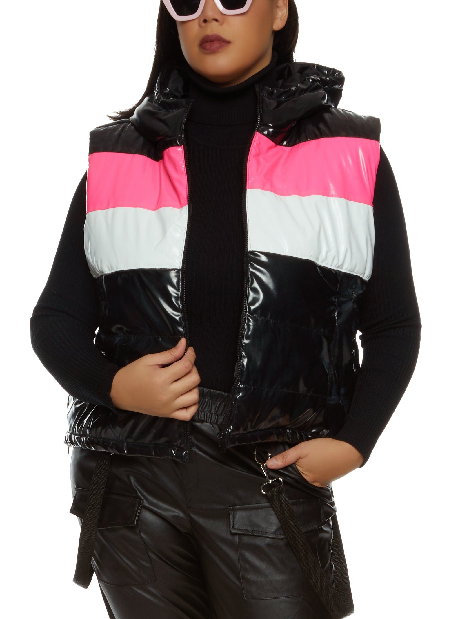Plus Size Color Block Faux Patent Leather Puffer Vest sold by Rainbow
