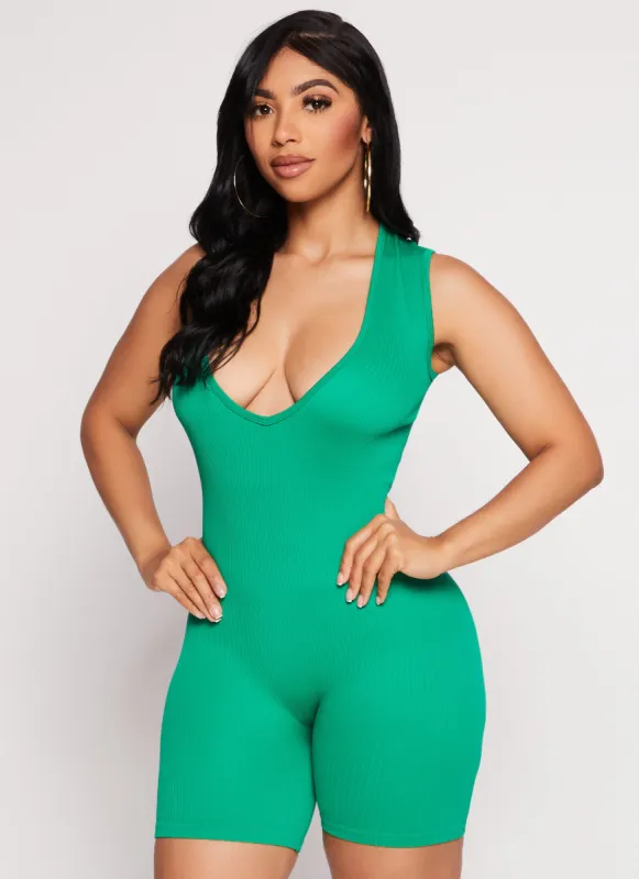 Daisy Seamless Ribbed Plunge Neck Romper sold by Rainbow