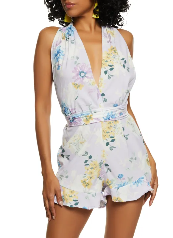 Haute Monde Floral Print Criss Cross Tie Back Romper sold by Rainbow