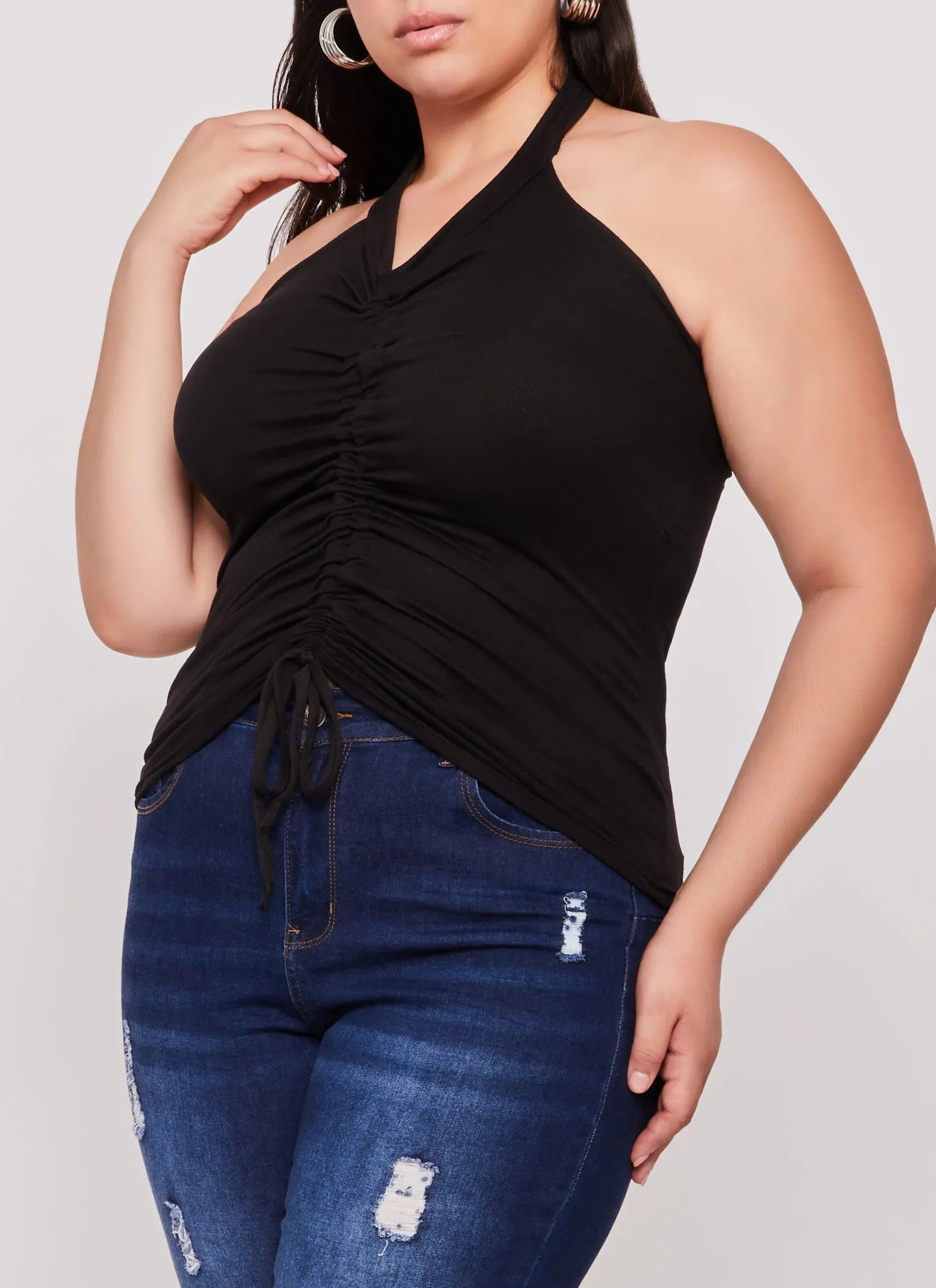 Plus Size Ruched Drawstring Halter Top sold by Rainbow