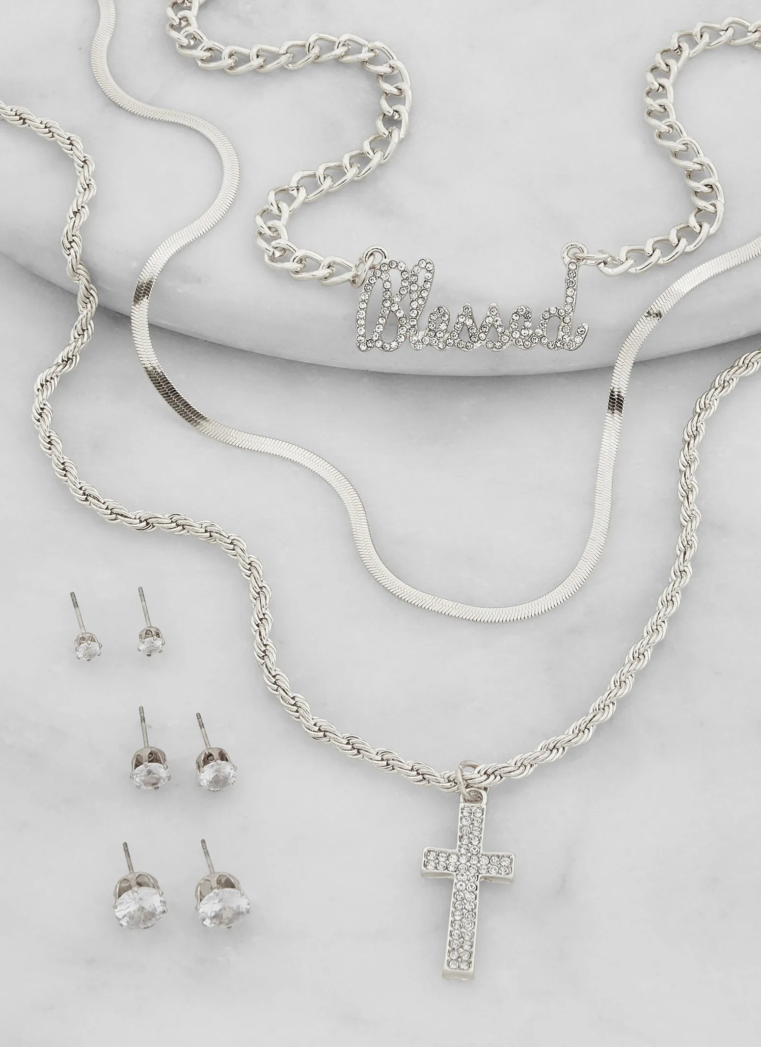 Blessed Cross Layered Necklace with Stud Earring Trio Set sold by Rainbow product image thumbnail 2