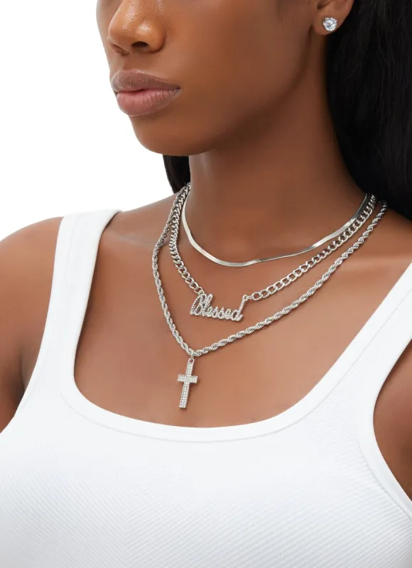 Blessed Cross Layered Necklace with Stud Earring Trio Set sold by Rainbow