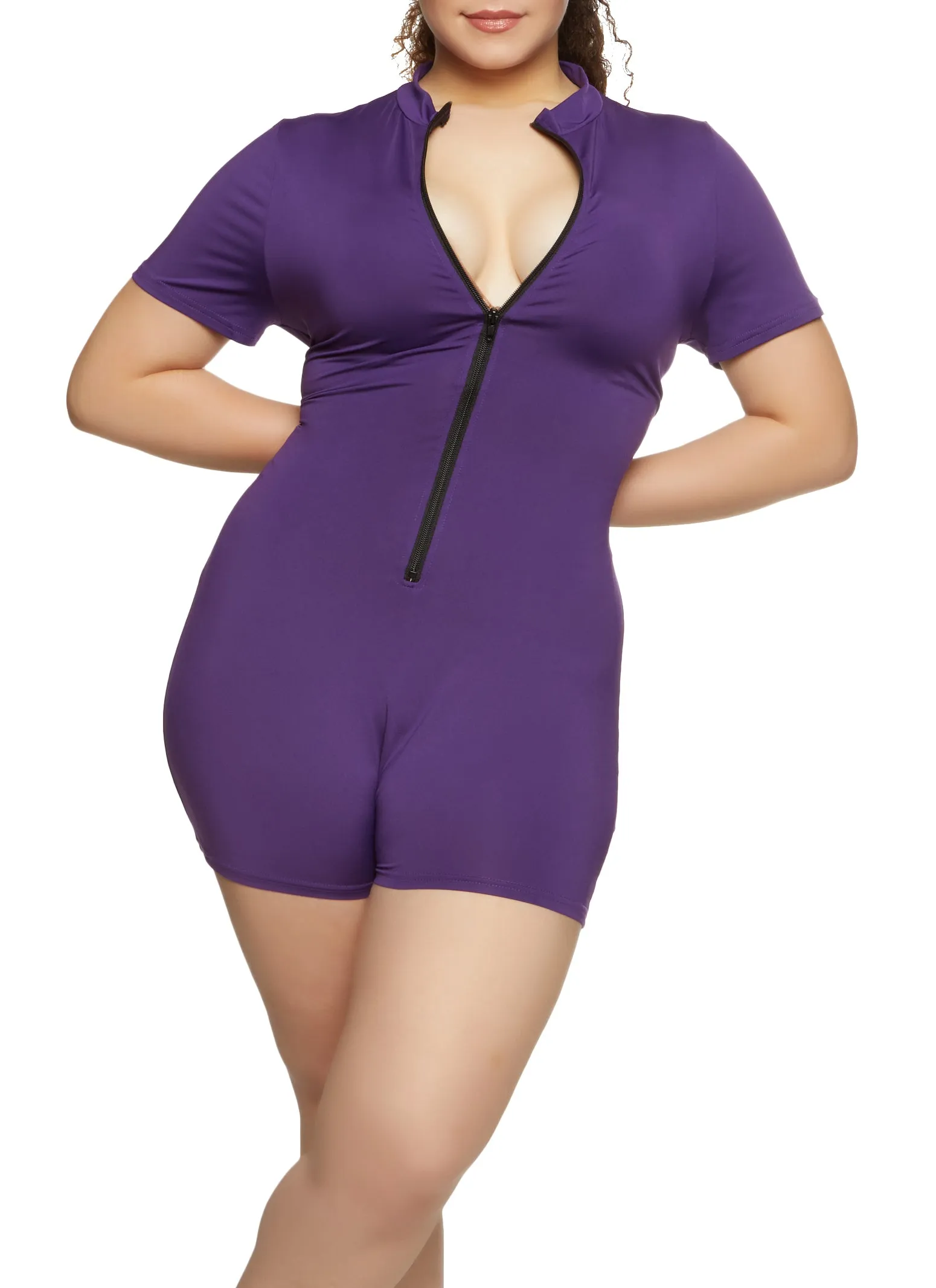 Plus Size Zip Front Short Sleeve Romper sold by Rainbow